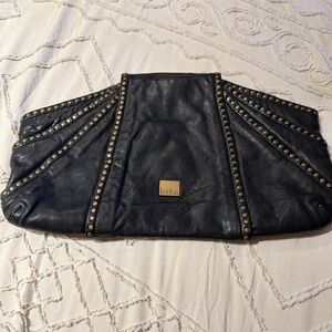 Kooba Black Leather Clutch with Gold Studs